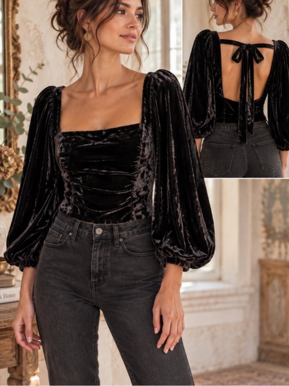 NEW Free People Marie Velvet Top Black Puff Sleeve Open Back Whimsy Goth